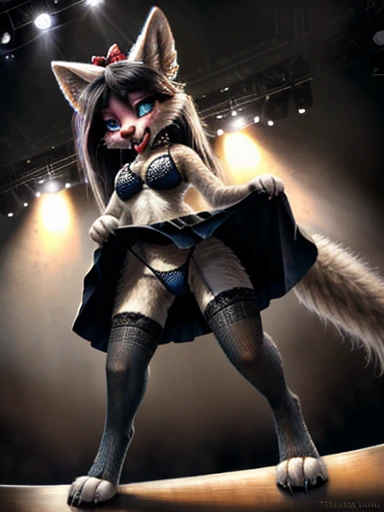 (white fur, semi-anthro, female hyena), [:fennec:12], [:mouse:18]), solo digitigrade, standing, (spreading legs:0.6), (happytrail:0.7), ????????????, shortstack, slim, small waist, long black hair, messy hair, (black ??????, eyeshadow, lips, claws, tongue), ([:(hot pink eyeshadow lips claws hair):18]), silver hoop ear rings, long ears, raised tail, ([(hot pink bra, collar, panties, lace, ?????????, lingerie):18]), (hair ribbon, tail ribbon), (lace panties, bra, stockings), toeless stockings, blushing, teal eyes, bedroom eyes, long eyelashes, whiskers, running makeup, tongue out, very short skirt, pleated skirt, (skirt lift), (black skirt, stockings, garters), (skimpy, ?????), [:wet panties:18], ((transparent bra, panties, skirt):0.9), (????????, ????? floss), on stage in the spotlight, curtain, (fog:0.3), dark background, low angle view [by dryadex, by syuro::12], [by v-tal:by himeragoldtail:16], (by trigaroo:1.22), (by toots, by syn-6), by enginetrap, (by fuel /artist/), (by funkybun:0.5), (whisperfoot:0.6), (by kenket:0.8), [:(translucency, (detailed fur, clothing, hands, feet, ?????, ???????)):1.2):18]
