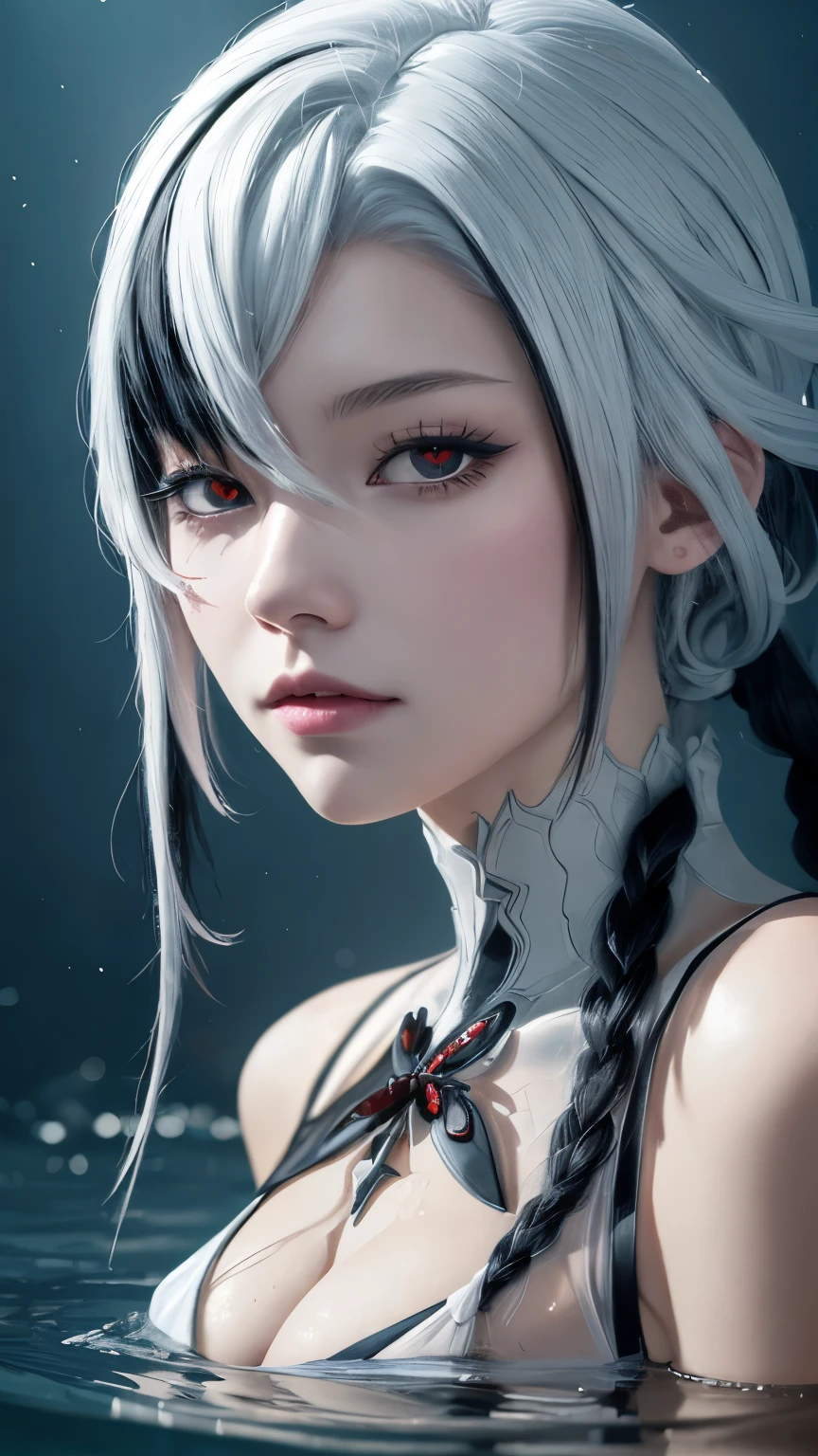 White hair,Black Hair,Colorful Hair,short hair,Straight Hair,Long braids,Glowing red eyes,Red X pupil,Sweet girl clothes 6,Printed dress,(Knee shot)Boutique,masterpiece,Ultra-high resolution,Clear face,(Trueness:1.4),RAW photos,Cold Light,woman wearing transparent dress underwater,Wallpaper blue water,Gurwitz-style artwork,Water magic close-up fantasy,Beautiful artistic illustration,Beautiful digital artwork,Beautiful digital illustrations,Beautiful Portrait,Upper Body