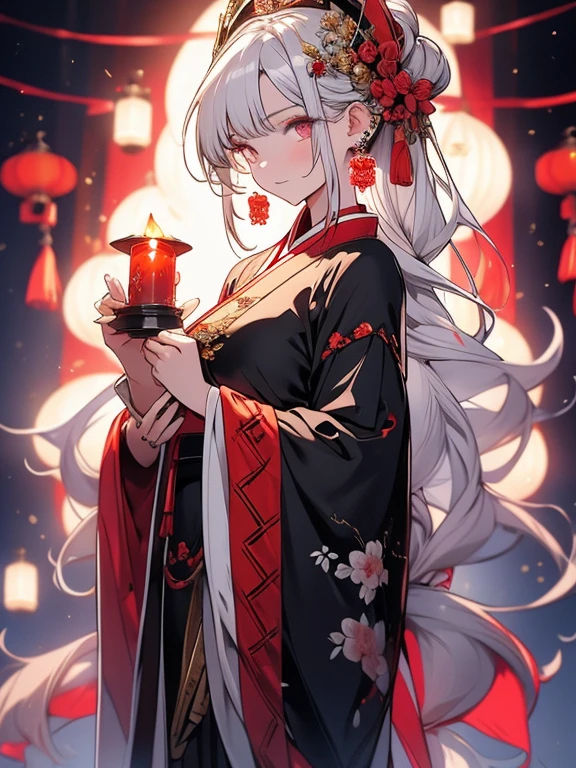 guanyin,
flower, 1girl, chinese clothes, holding, jewelry, hanfu, candle, dress, looking at viewer, earrings, red lips, long sleeves, solo, lotus, string, white flower, grey eyes, long hair, tassel, full body, hair ornament, standing, lattice, white hair, shawl, hair bun, grey hair, updo
