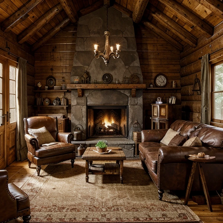 Create a rustic style room like an old cabin with antique furniture and a fireplace 