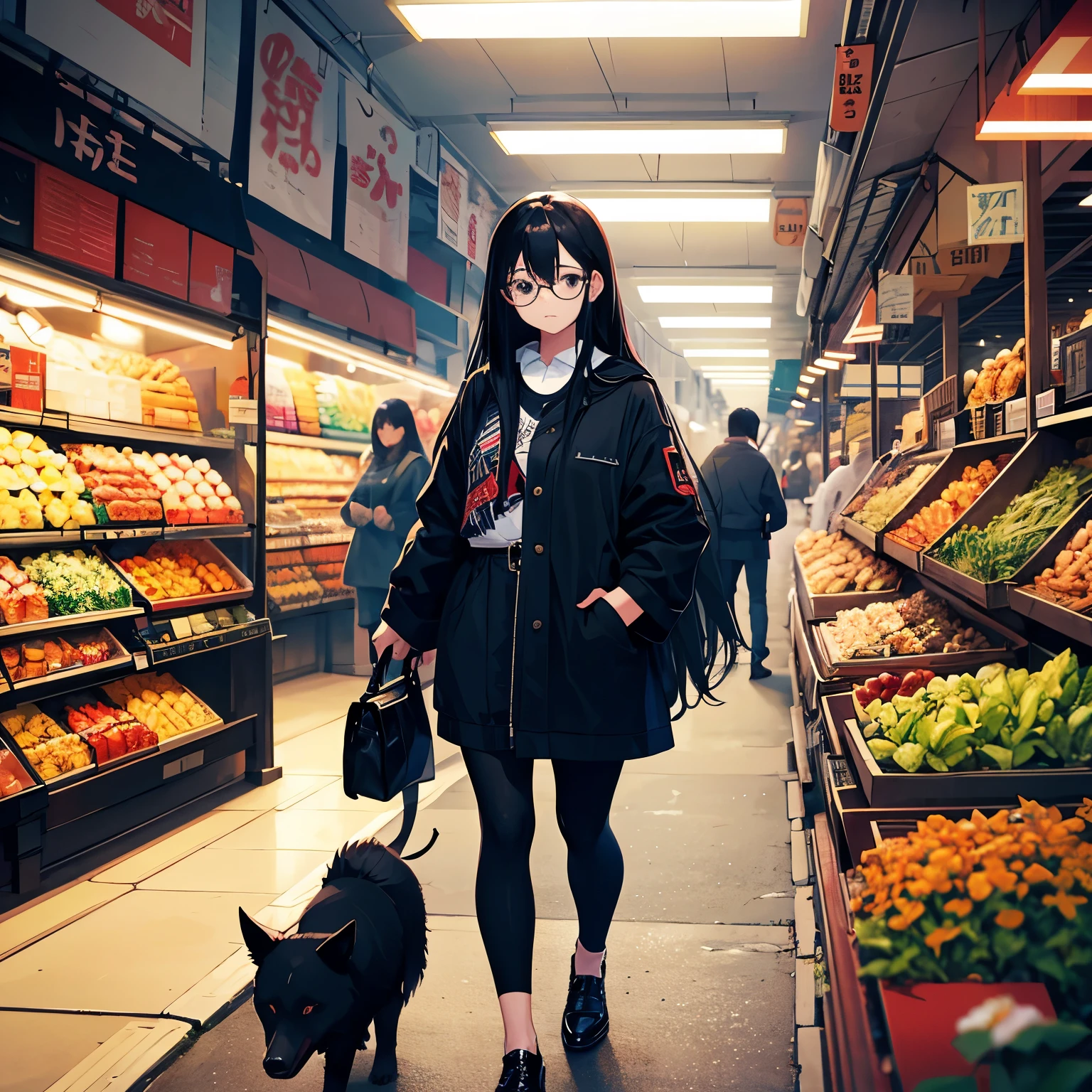 1 girl with long black hair, black rimmed glasses, walking a large black dog in a Tokyo market