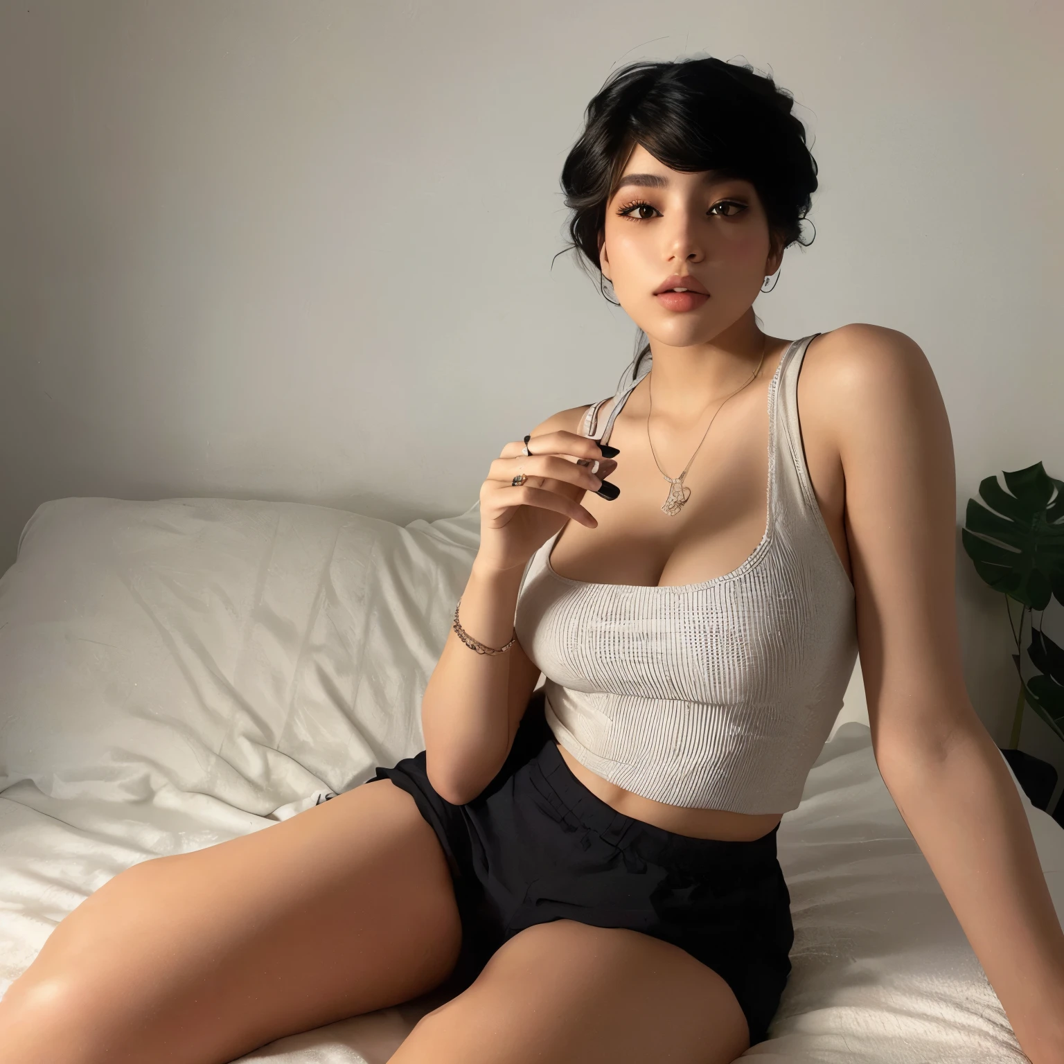 there is a woman sentado en una cama with a cigarette in her mouth, bralette, top escotado, sujetador y pantalones cortos streetwear, ella lleva una camiseta sin mangas negra, vistiendo un top corto sexy, 2 4 year old female model, mirada sexy, mia califa, sentado en la cama, modelo de instagram, 18 years, sentado en una cama