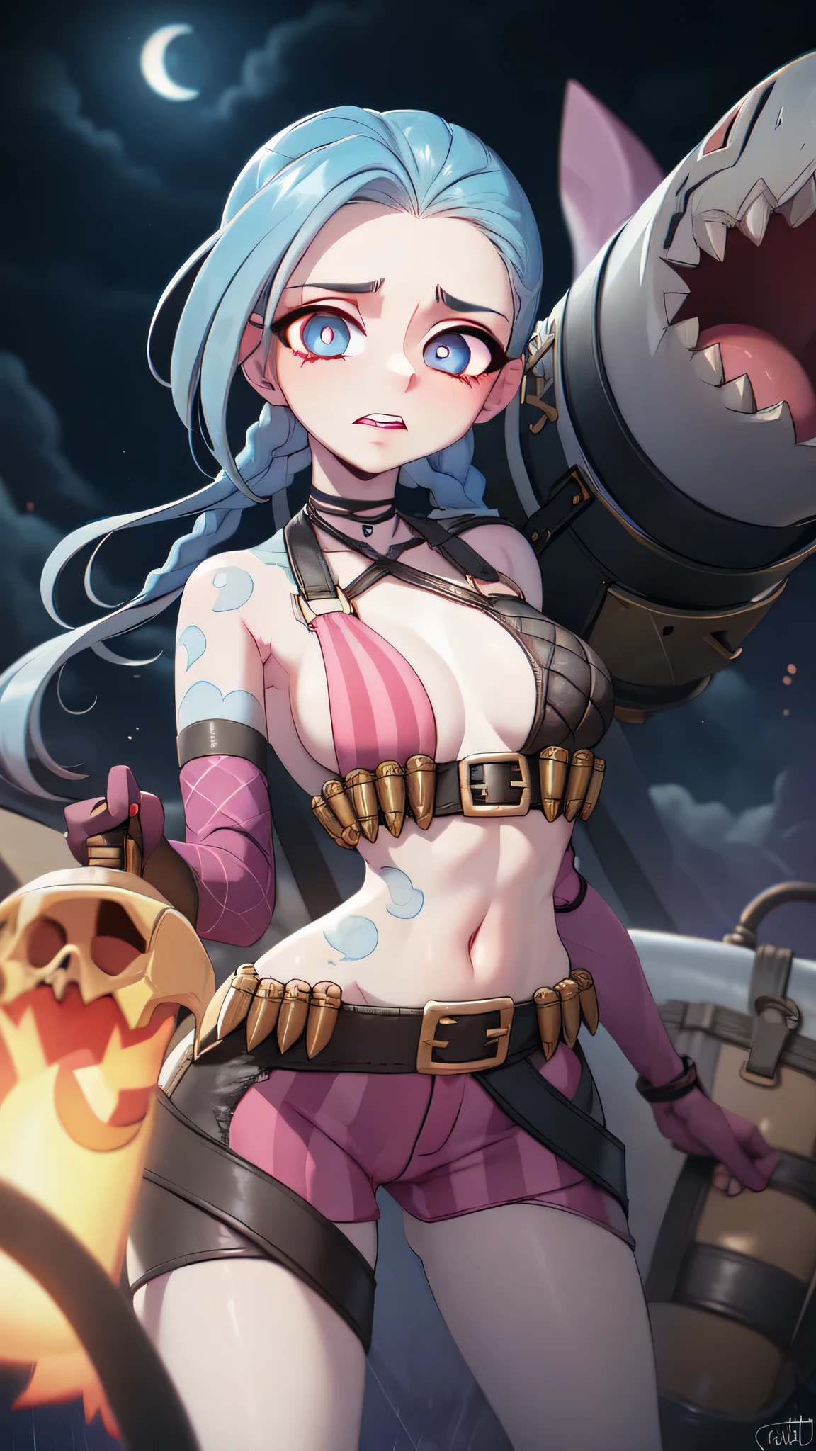 Jinx \(Arcane\), 1girl, combat position, long hair, two braids, tattoos on the body, clouds print, belt, Jinx's main weapon is her minigun nicknamed "Puff-Pyshch", the shocker "Chpoker", "biting grenades", Super-mega-rocket, as well as the shark-shaped rocket launcher "Skeleton", bodysuit, open navel, exfoliated sleeves, blue eyes, thigh vent, holding, holding a weapon, looking at the viewer, night, night sky, bag,  sky, solo, weapon, white hair, wire, short shorts, shorts, open jacket, ((masterpiece, best quality)), close-up, straight, ((1 girl)), (incredible absurdity), (detailed light), lighting.