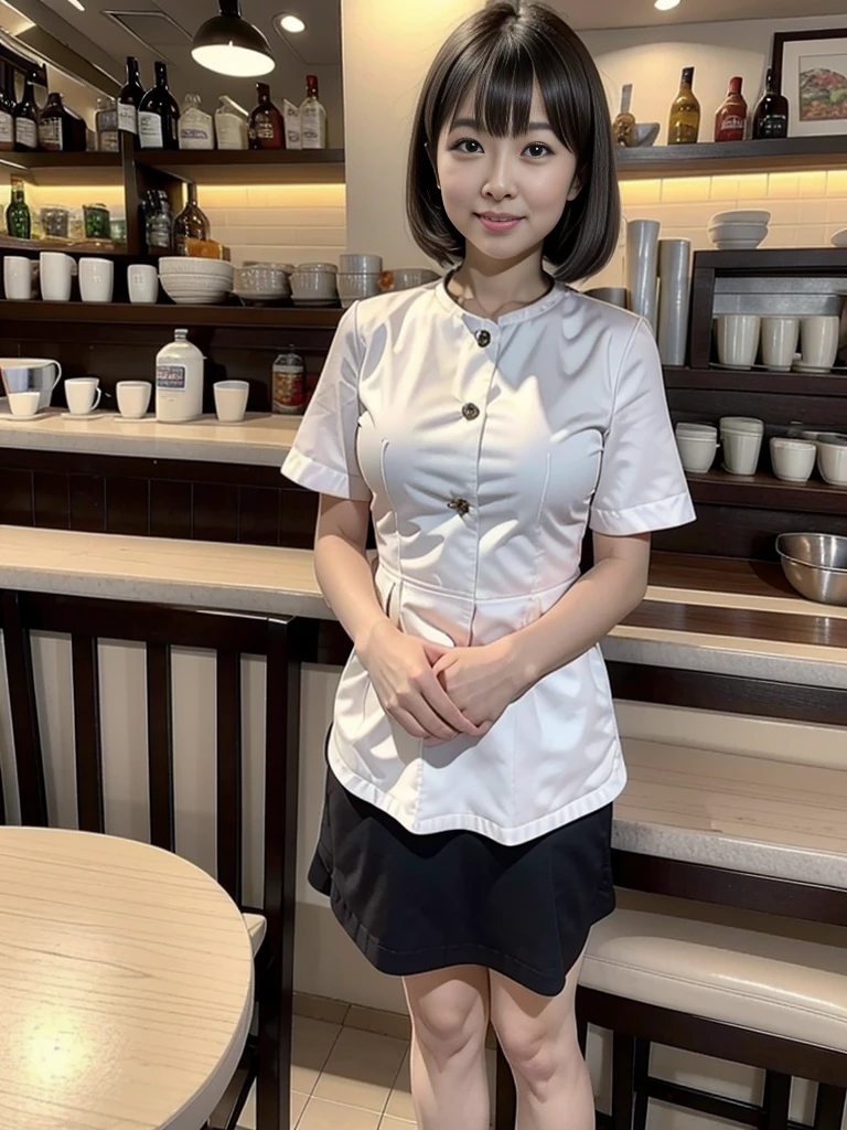 highest quality,8K,masterpiece,high resolution,Mature women in their 40s,Wrinkles around the eyes,The background is a cafe,Cafe attendant costume,Larger breasts、Bob cut hair,Full Body Shot