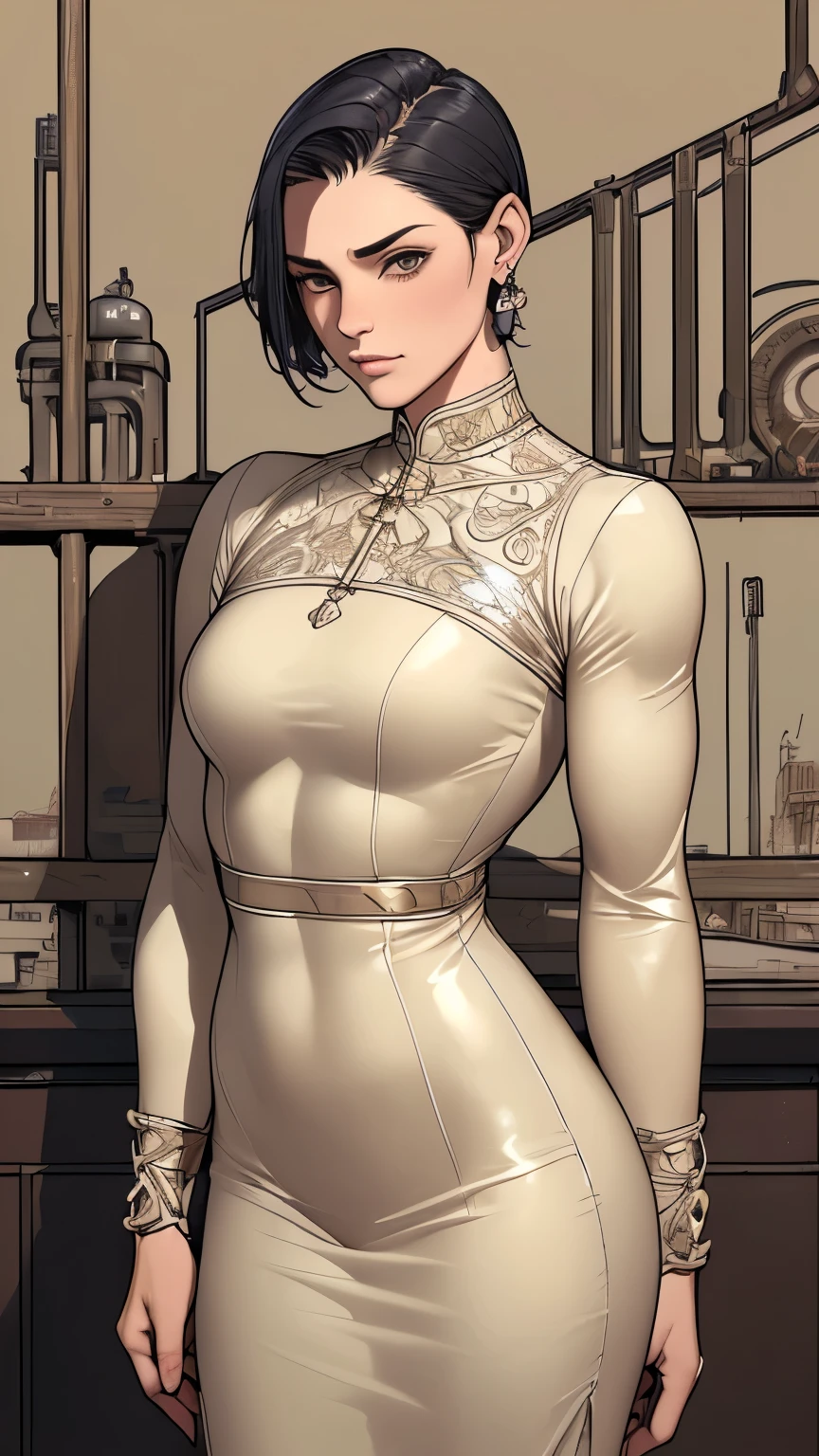 (masterpiece:1.3), (disorganized:1.3), (highest quality:1.3),(perfect anatomy:1.5),perfect finger,(detailed face), solo,1 middle age woman around 55 years old,Army officer,(Steam Punk), (Victorian era),Old Hong kong,(Kowloon area),horizontal angle,((looking at viewer:1.3)), (Super detailed:1.3),(best shadow:0.7),(small breasts),((slicked back short hair:1.1)),(treated hair),fine eyes, beautiful eyes, 1 mature woman, ((saggy small breasts)),((muscular)),dark skin,alone, standing, crystal earrings,closed_mouth, arm_behind_return,beige latex dress,rest outdoors, intimidating pose,cowboy shot