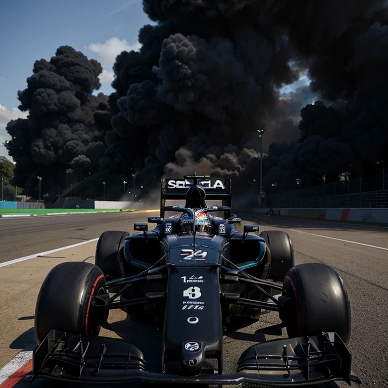 Formula 1 car, Equipe de corrida Blitz, Number 17, preto matte e Azul marinho, smoke background