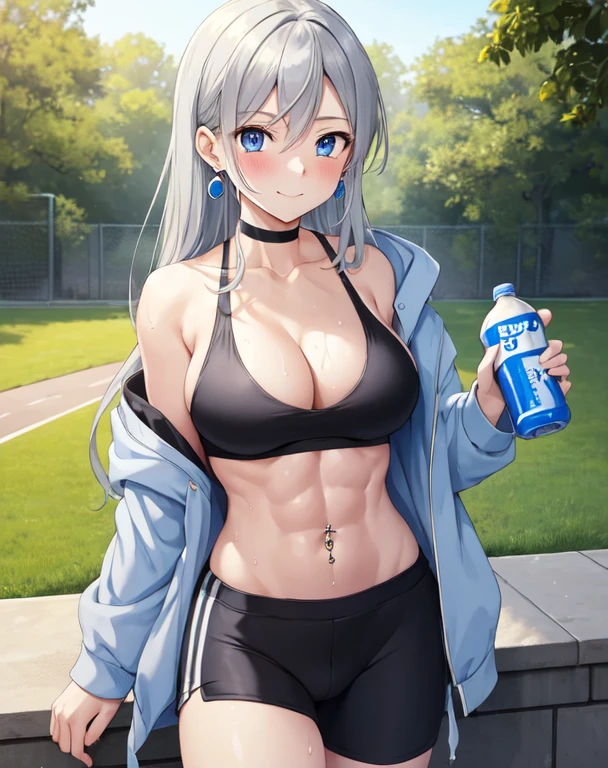 (((masterpiece))), ShizukaMikazuki, One Girl, alone, Looking at the camera, Long Hair, Gray Hair, Long sleeve, Cleavage, Very large breasts, Mature Body,Adult face,clavicle, Jacket, Open clothes, open Jacket, blue hoodie, Black sports bra, Black hot pants, choker with a charm,Play sports often,bicycle,Clear light blue eyes, Blushing,smile,Sweat,Amazed expression,Faintly visible abs,Earrings,Golden navel piercing,Park at dusk, Drinking a sports drink