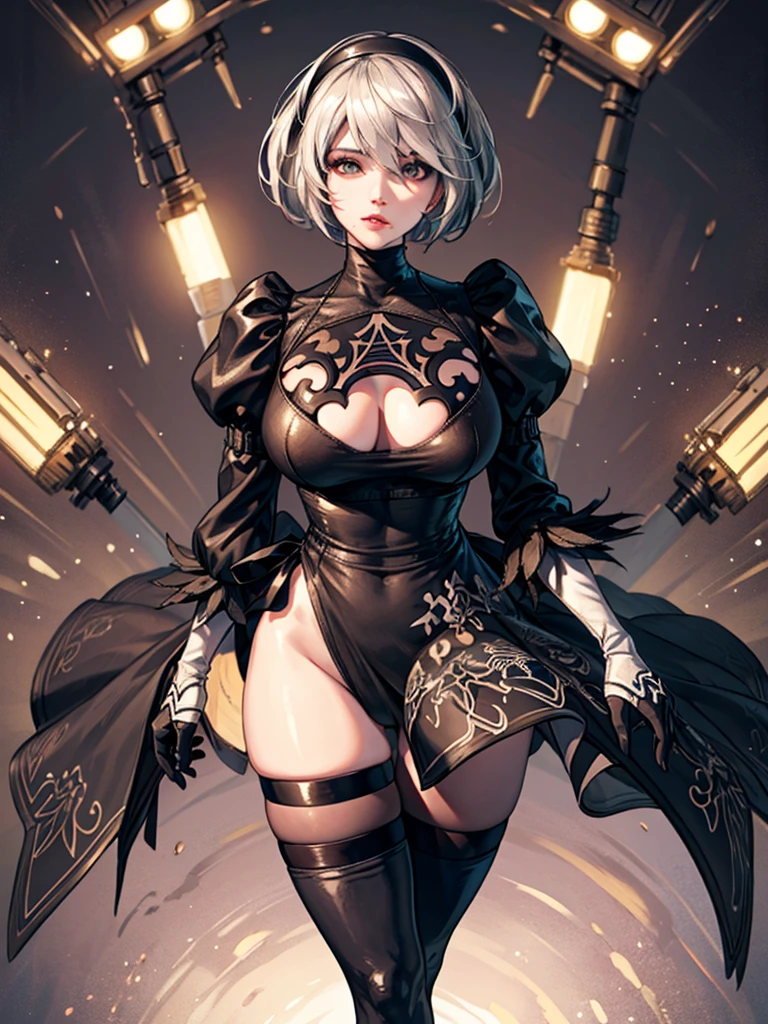 hm2b, 8k, (Full Body Portrait) ,masterpiece、Realistic:1.2, Realistic, Ultra-high resolution, highest quality, (Solo, 1girl), (Masterpiece, Detailed, 4k), perfect face, perfect lips, perfect makeup, dark eyeshadow, Unreal Engine 5, (Full Body Portrait), absurd resolution, high resolution, sharp image, vibrant colors, Nier Automata, voluptuous, ((2b)) ((2b cosplay)), ((2b outfit))