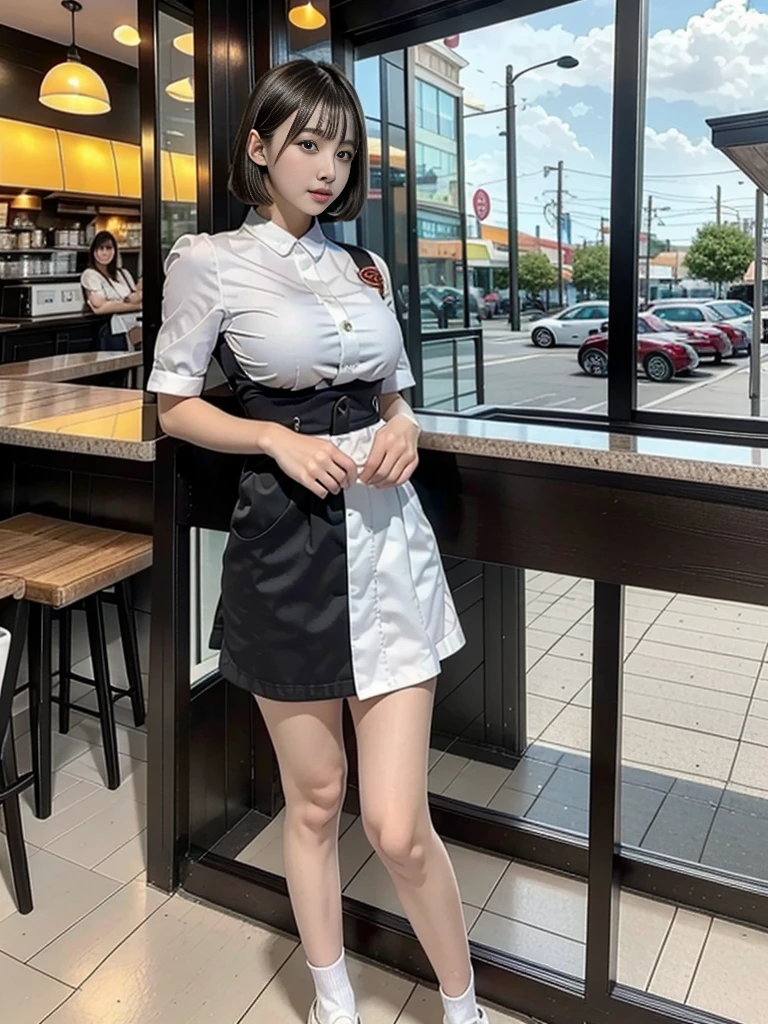 highest quality,8K,masterpiece,high resolution,Three Women,The background is a cafe,Cafe attendant costume,Larger breasts、Bob cut hair,Full Body Shot