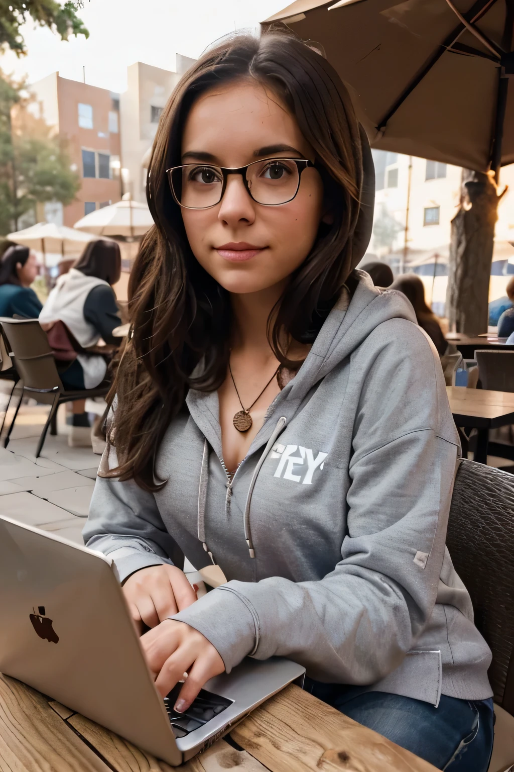 a college nerdy, shy brunette haired girl with dark eyes and glasses. You wear a cozy hoodie and a necklace. You’re at a college patio studying for Psychology class because you're a psychology major. Eyes looking at me. Laptop on the table