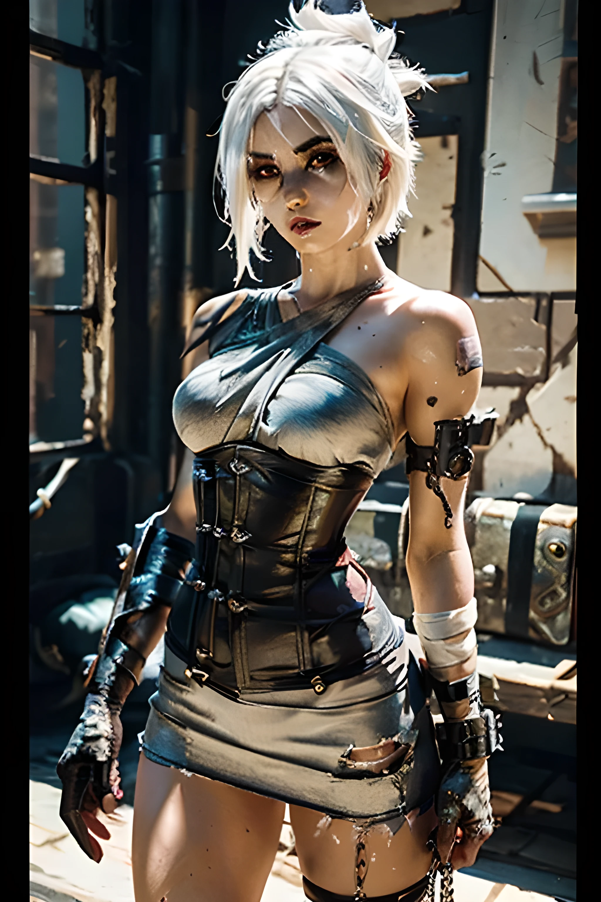 (Masterpiece:1.2), Best quality, ripped \(league of legends\), 1girl, Mini dress, corset, White hair, Black eye shadow, Sarashi, Female muscular, stomach muscles, White hair, Black eye shadow, Bare shoulders, Full body, painting