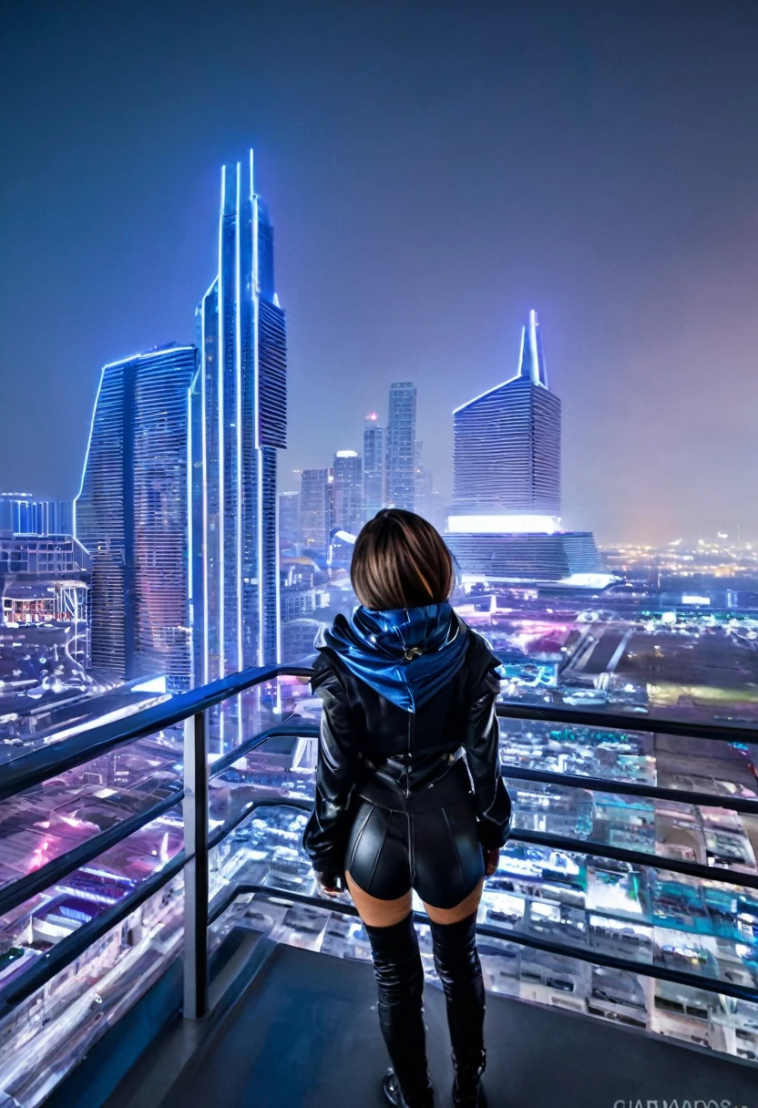 image taken from behind the shoulder of a GIRL with her back turned and DRESSED IN A HOOD from a balcony of a futuristic building with, She is looking at an aerial view of an ultra-futuristic North American megalopolis, view of the entire city with many metal buildings and houses in dark colors from dark blue to black, a cidade tem tons de cinza metal, has smoky metal structures , industrial environment with smoke and fog around, carros escuros nas ruas, desert megalopolis, trilhos e trens modernos de de metal passando estre as ruas da cidade, tall futuristic metal buildings, many ultra modern buildings around, , as realistic as possible, As detailed as possible, Science fiction
