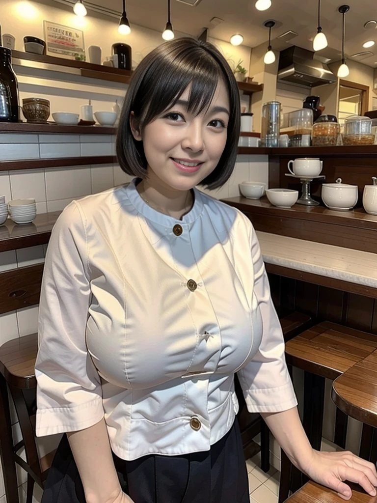 highest quality,8K,masterpiece,high resolution,Mature women in their 40s,Wrinkles around the eyes,The background is a cafe,Cafe attendant costume,Larger breasts、Bob cut hair,Full Body Shot