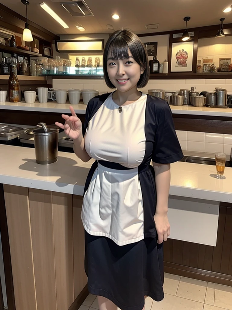 highest quality,8K,masterpiece,high resolution,Mature women in their 40s,Wrinkles around the eyes,The background is a cafe,Cafe attendant costume,Larger breasts、Bob cut hair,Full Body Shot