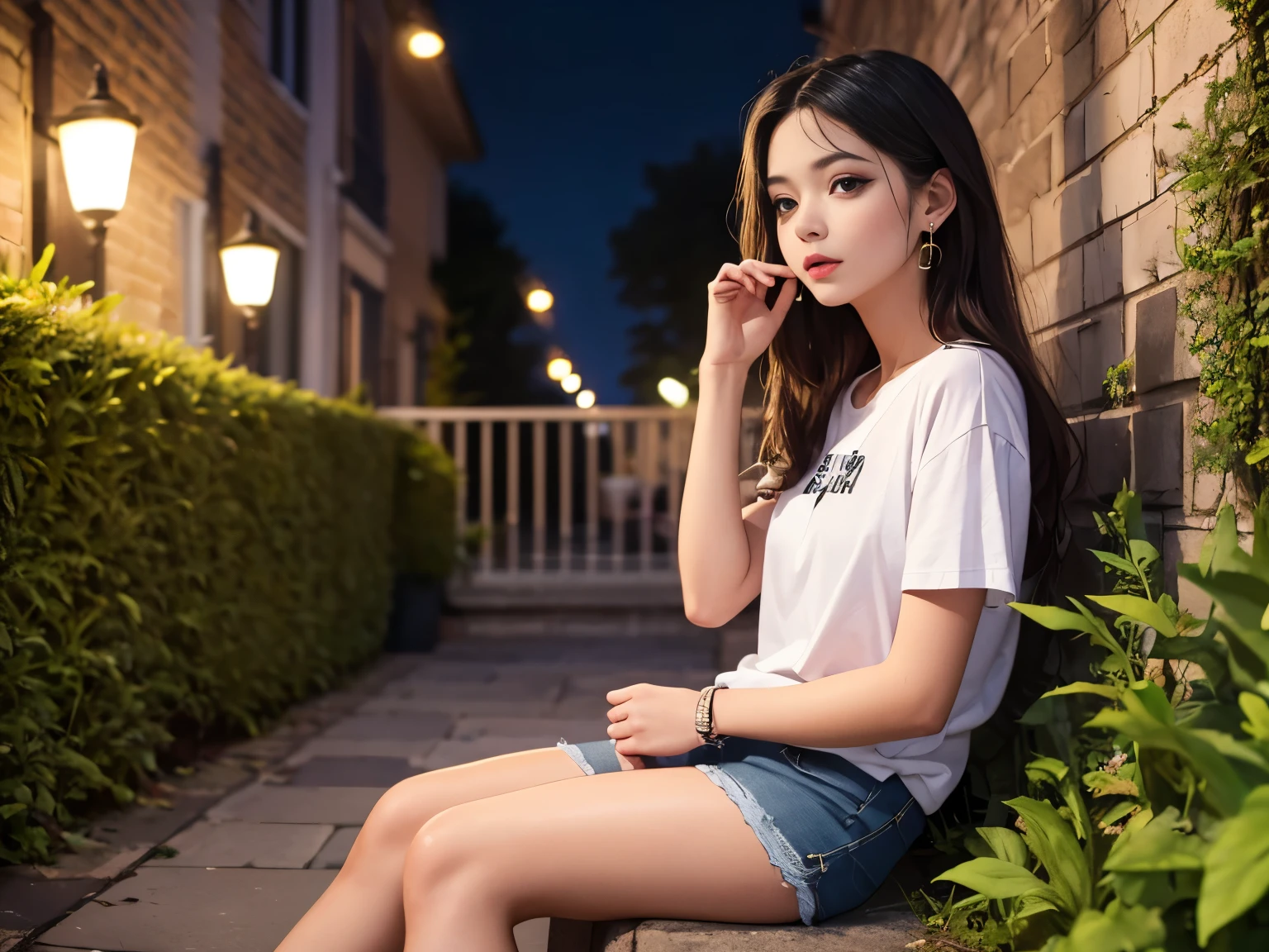 top quality, masterpiece, Ultra HD, (real: 1.4), original photo, (Night Street), 1 girl, black eyes, Looking at the audience, Long hair, Light makeup, Lips, Small ears, White T-shirt, Denim shorts, earrings, Seated Ferrari,, Slim, Neat, garden