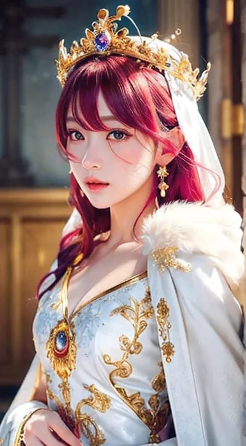 Anime Princess Style，face is a fair and (cool), all picture quality , mystical ,delicate and precise ,detailed background ,colorful picture ,high quality, luxury，Upper body，Hair color white，Golden Crown, gorgeous intricately detailed dress, golden ornaments, white cloak,