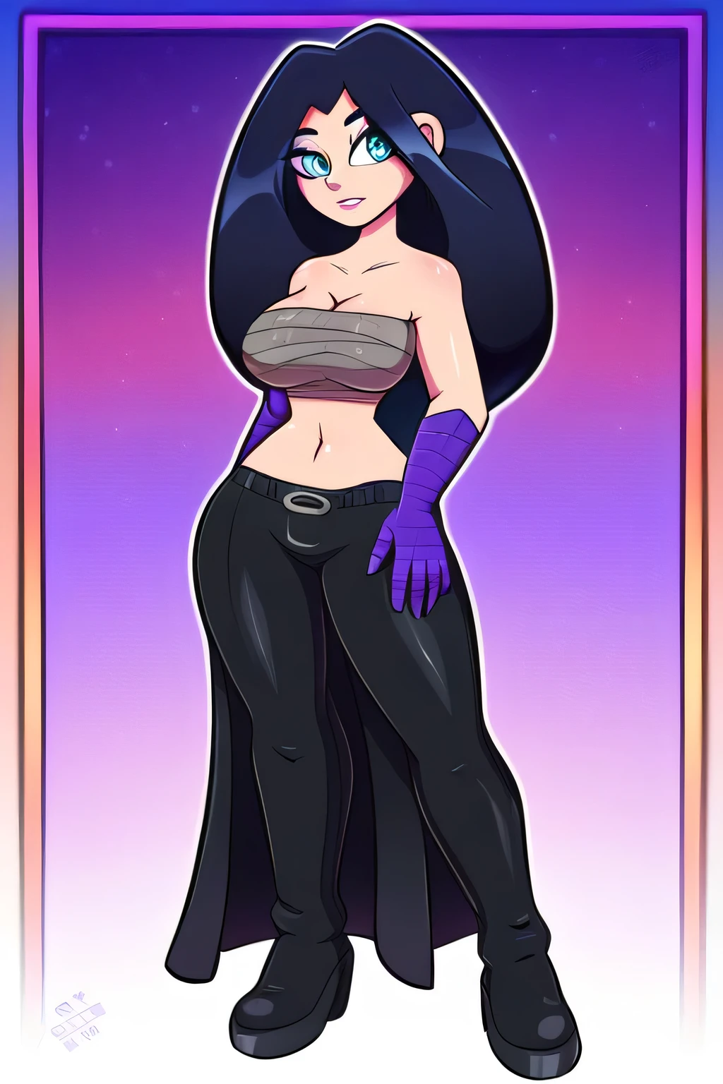 A woman Big tall sexy attractive light skin big chest Straight long black hair her blue rectangle eye eyelash dresses bandaged shiny chest shows navel and black leather pants leg wearing curve wide sexy black shoe wearing colorful gloves