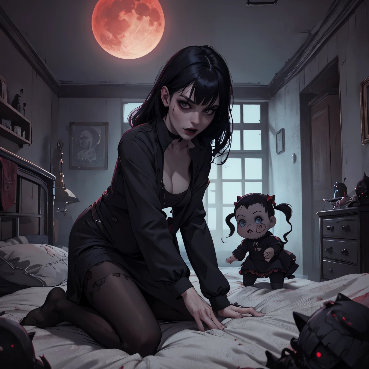 body,nice hands,nice fingers,nice mouth,nice face,nice body,perfect anatomy, highres, an image of a beautiful terror goth, best quality, 8k, best quality, ultra-detailed, horror \(theme\), creepycute,scary, art, (bedroom:1.4)fantasy art 8k,masterpiece
pmmkr2024, creature, best quality, trending on artstation,baby girl abyss,shadows, void,2ghoulish nurses,red moon,night,abandoned castle,haunted castle,gloomy,goth,baby care nurses,baby crib