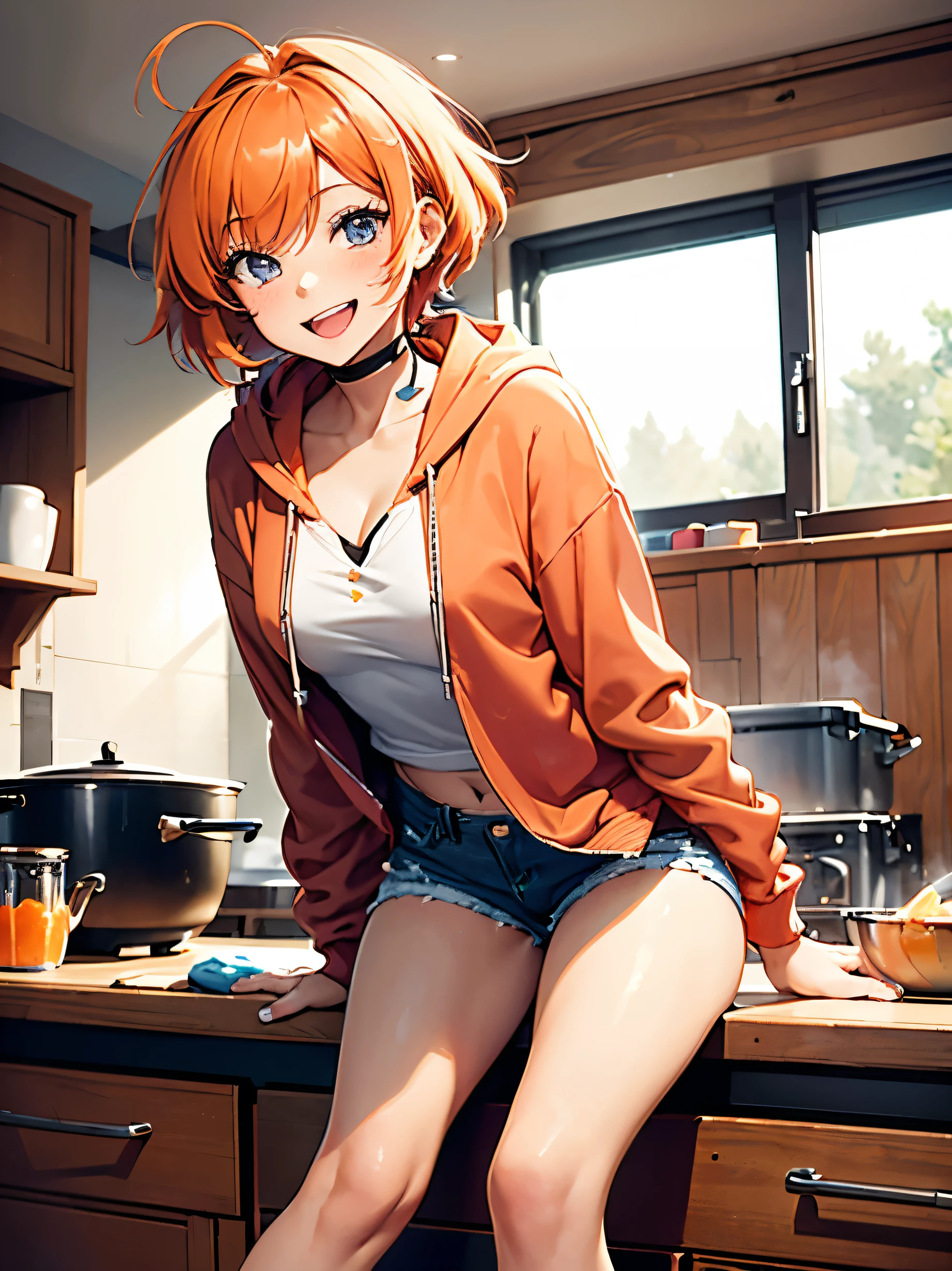 (masterpiece)(high resolution)(from below) A 22-year old girl has short, messy orange hair and a cooking bandana. She is excited, smiling and has an open mouth. She has a flat chest. She is wearing a pink hoodie, denim shorts and knee high socks. She is bent over and showing you her butt