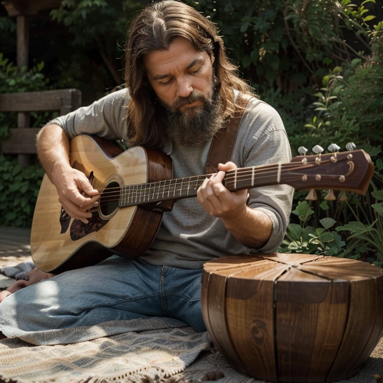 The Stable Diffusion prompt for the given theme "Relaxing music acoustic guitar 50 year old bearded man" could be as follows:
"relaxing acoustic guitar music, bearded 50-year-old man, serene garden scene, detailed facial features, peaceful atmosphere, professional photography, warm color tones, natural lighting, high-resolution masterpiece:1.2, calming vibes, soothing melodies, experienced musician, tranquil expressions, gentle strumming, rhythmic tunes, harmonious composition, picturesque backdrop, effortless playing, acoustic ambiance, soothing melodies, musician enjoying his craft, serene moment."
Remember to make sure that the prompt maintains a consistent flow and a well-balanced combination of the specified elements. Feel free to modify or add more details as per your imagination and understanding of the given theme.