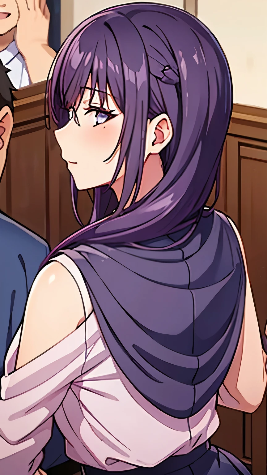 purple hair ponty tail  in highschool with group of boys in back