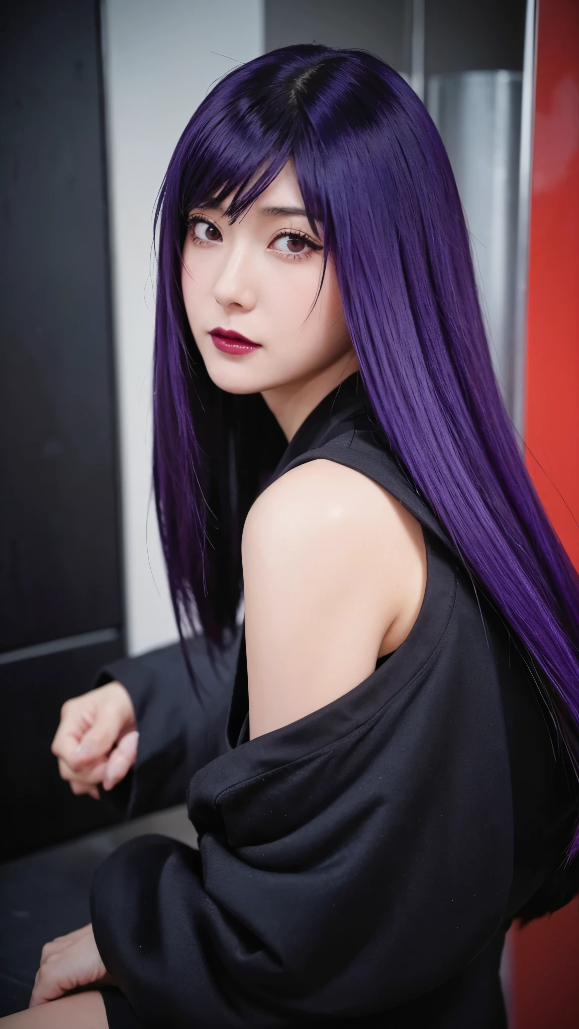 a close up of a person with long hair and a black clothes, (yuugao uzuki),from anime naruto shippuden, as an anime character, perfect anime face, she has purple hair with bangs, female anime character, anime character, anime best girl, hime cut hairstyle, purple hair, (red glossy lips:1.3), red eyes, smile, realistic, ultra detail, konoha symbol, city background, (beautiful face:1.3)