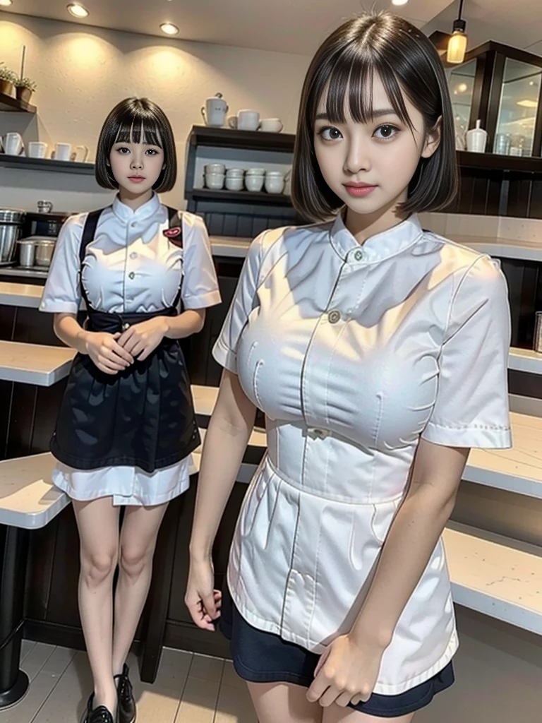 highest quality,8K,masterpiece,high resolution,Three Women,The background is a cafe,Cafe attendant costume,Larger breasts、Bob cut hair,Full Body Shot,Waitress Uniform