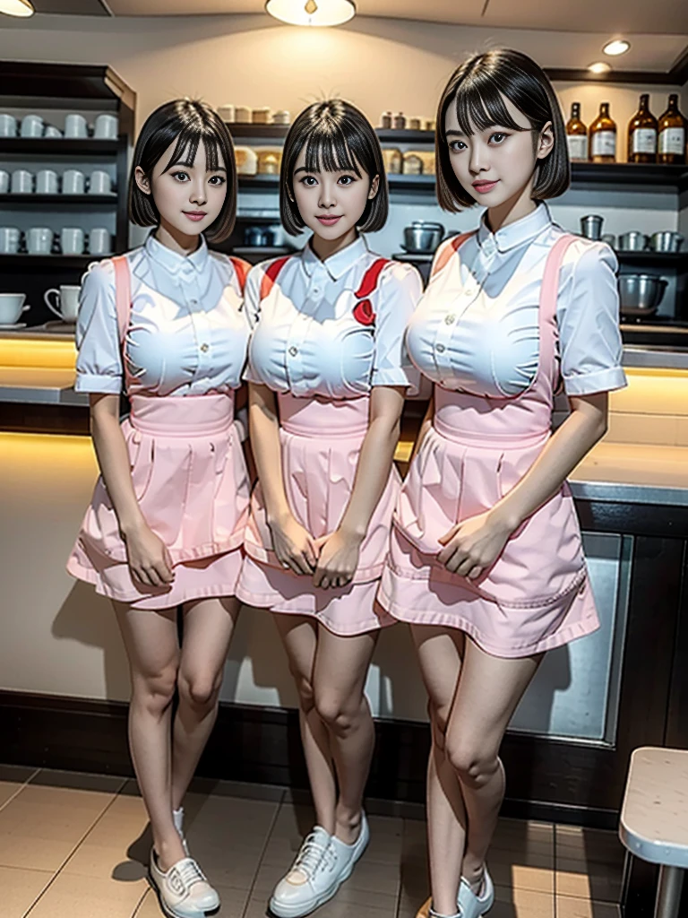 highest quality,8K,masterpiece,high resolution,Three Women,The background is a cafe,Cafe attendant costume,Larger breasts、Bob cut hair,Full Body Shot,Waitress Uniform