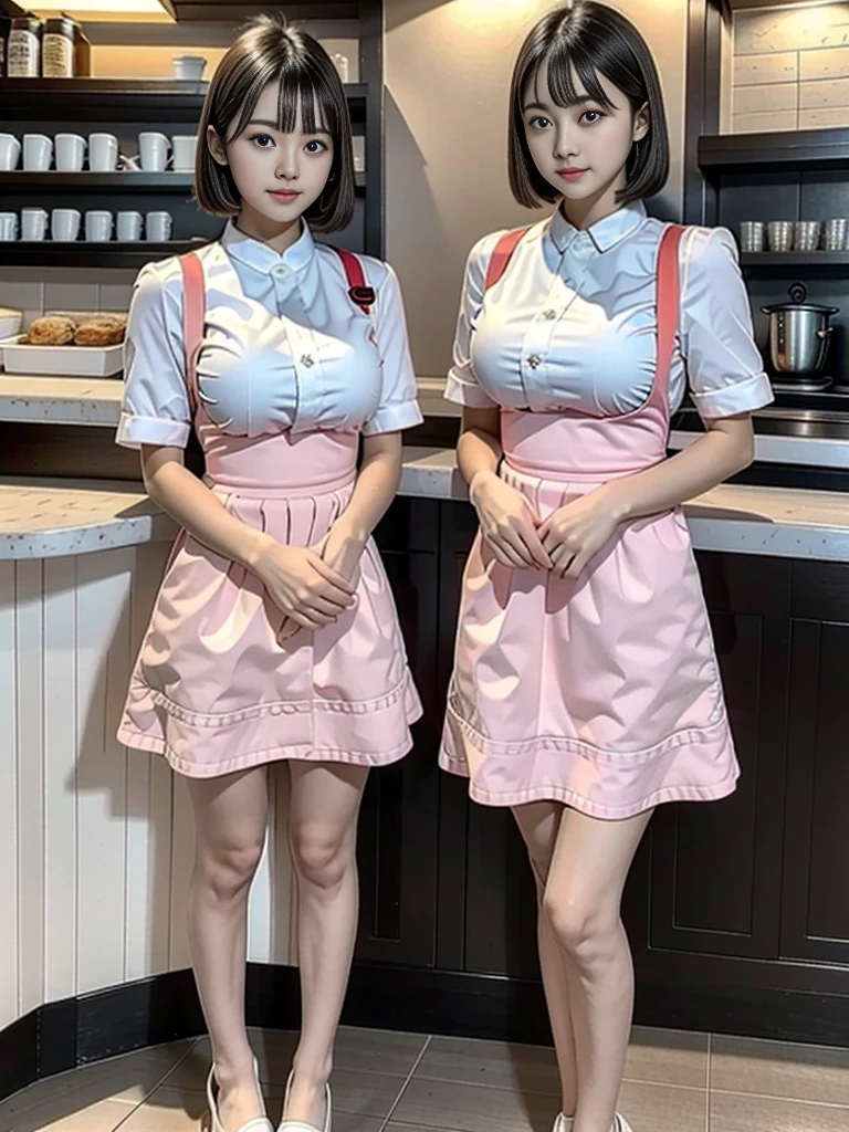 highest quality,8K,masterpiece,high resolution,Three Women,The background is a cafe,Cafe attendant costume,Larger breasts、Bob cut hair,Full Body Shot,Waitress Uniform