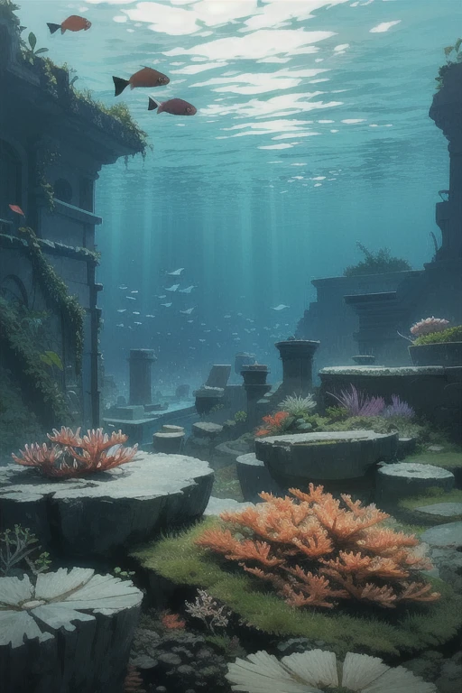 Overgrown sea life, sunken Atlantis ruins, seaweed, fish, coral,