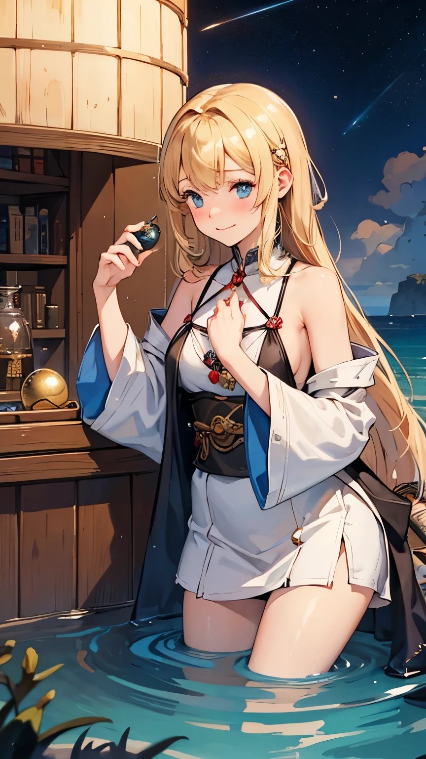 William Timlin, Frederick Sands Brunner, Ernst Kreidolf, Surreal, mysterious, strange, fantastical, fantasy, Sci-fi, Japanese anime, observatory, shipwreck, bathing hut, sea orchestra, flying demon magic, crystal ball, diorama, blonde miniskirt beautiful girl Alice, perfect voluminous body, detailed masterpiece Hyper realistic sharp focus cinematic lighting coquettish shy embarrassing blushing happy real zoom in