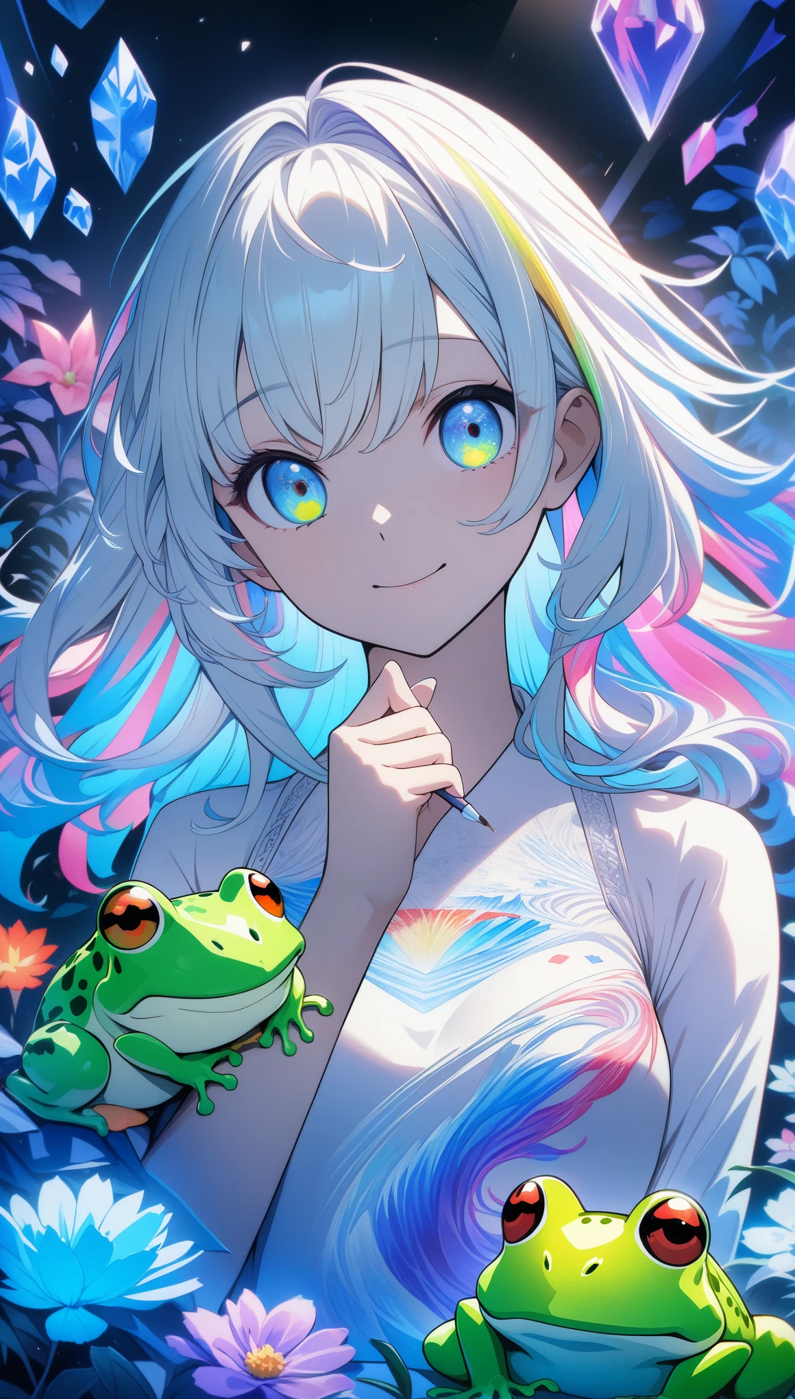 32k, best quality, ultra high res, HDR, UHD, extremely detailed CG, unity 32k wallpaper, **Japanese anime, A picture that looks like it was drawn with Copics,crystal style, crystal clear, woman with frog, under the blue moon, it was meticulously written, picture with elaborate writing, cute woman over smile,Flower, bold and strong line drawing, vivid acrylic painting, vivid thick paint, vivid, plain background, beautiful proof, highest resolution 16K, beautiful anime woman that is betrayeded by a frog, hair is short, Beautiful lightcyan high lights in her beautiful kind eyes, background is twinkle,Beautiful woman with a loose airy bright colorful hair with diamond high lights,Transparent dress, ,thick aquarelle colors,colorful,honeydew and diamond, lightcyan and white and light Effects,wallpaper,architecture,High quality, high image quality, great amount of drawing,pixiv illustration, transparency, Japanese anime,upper body,white tone, delicate brushwork,distinct color,