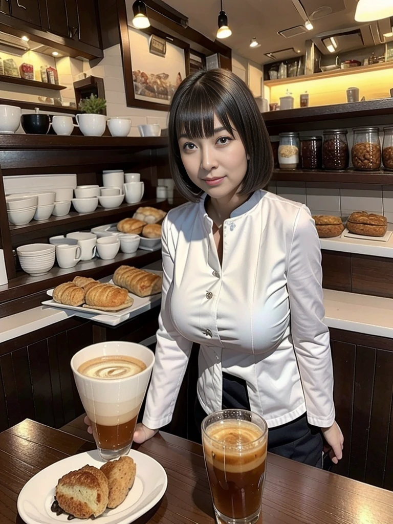 highest quality,8K,masterpiece,high resolution,Mature women in their 40s，3 mature women,Wrinkles around the eyes,The background is a cafe,Cafe attendant costume,Larger breasts、Bob cut hair,Full Body Shot