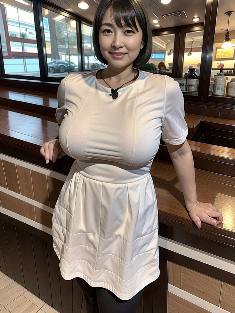 highest quality,8K,masterpiece,high resolution,Mature women in their 40s，3 mature women,Wrinkles around the eyes,The background is a cafe,Cafe attendant costume,Larger breasts、Bob cut hair,Full Body Shot