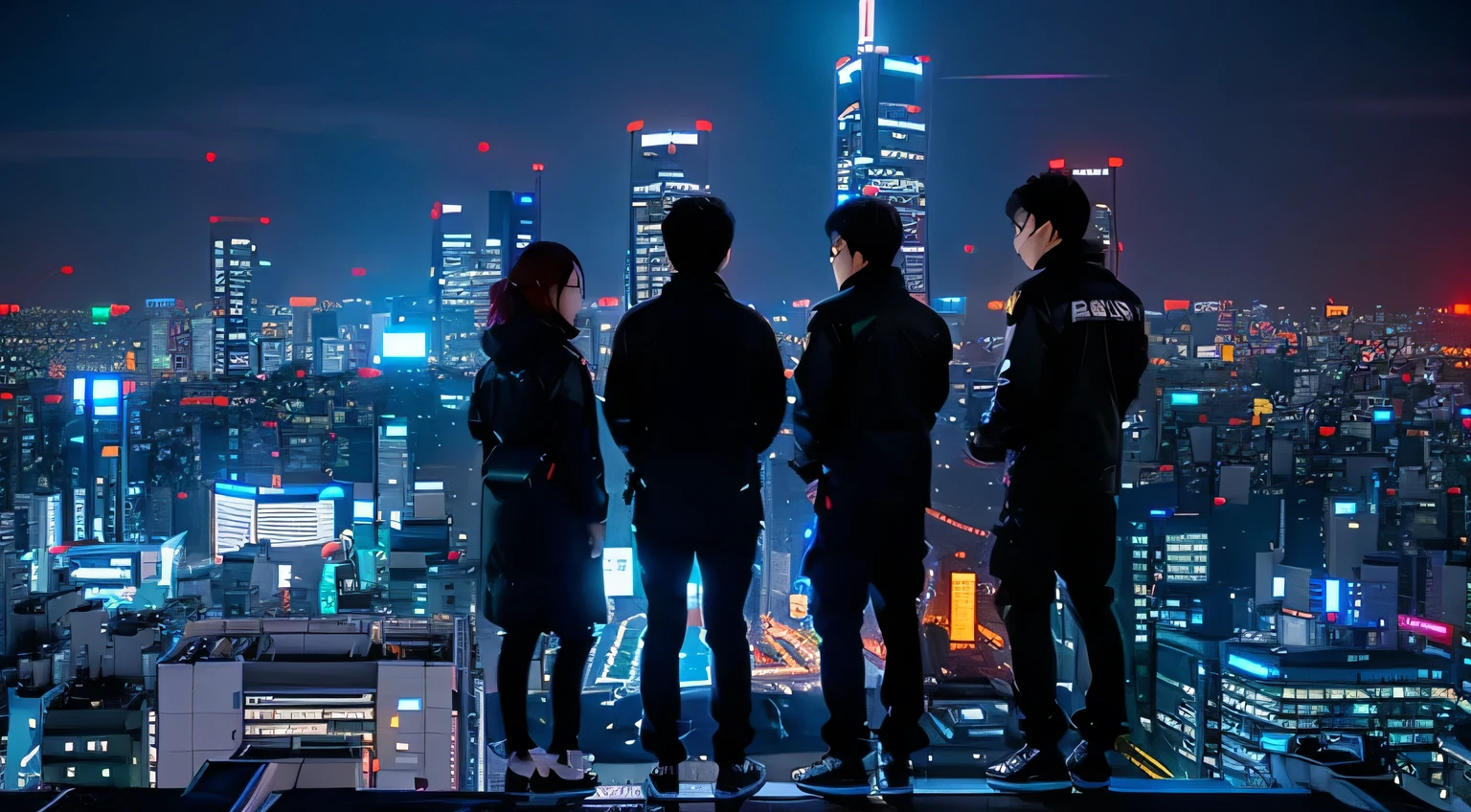 5 people standing on the windowsill,Four men and one woman,Look at the city at night, Standing on the roof, Standing on the roof of a skyscraper, Standing on the roof, On the rooftops of Tokyo at night, City night visual effects, Movie promotional images, Overlooking the modern city, Looking at the city, on tokyo cyberpunk night rooftop, in a future city, Tokyo night rooftop