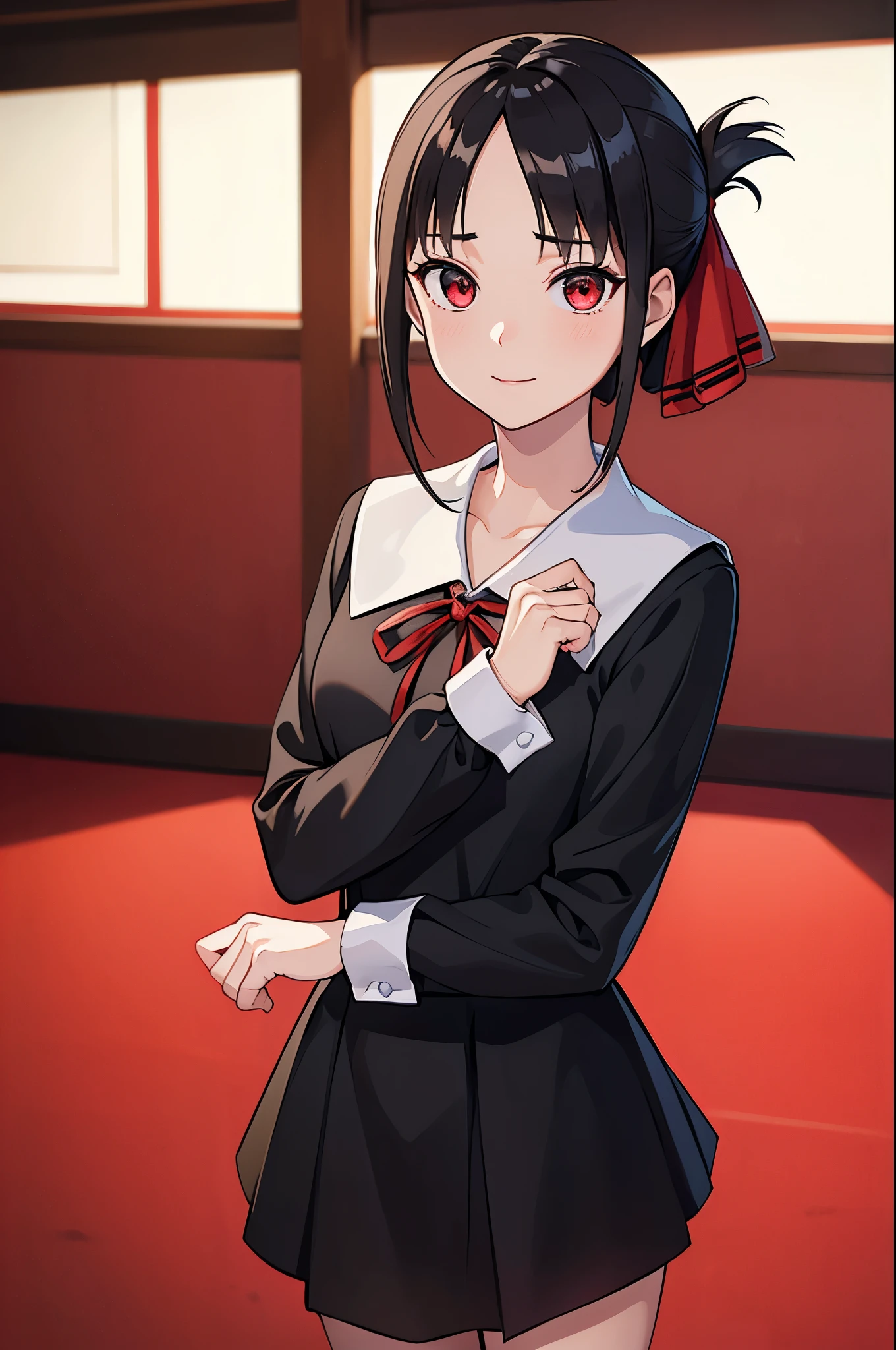 (masterpiece, best quality:1.2), expressive eyes, perfect face, highres,1girl, solo, aakaguya, short hair, folded ponytail, hair ribbon, parted bangs, neck ribbon, red ribbon, black dress, black shirt, long sleeves, black sleeves, schoolyard, smiling, standing, cowboy shot, looking at the viewer