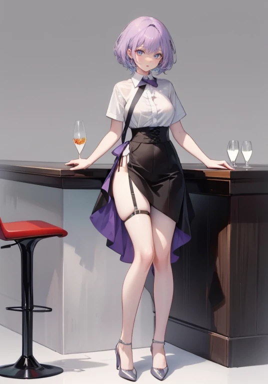Purple Hair,Shortcuts,Adult female,(((bartender))),((Body Harness)),((Rolling up your sleevesYshirt)),(corset),skirt,((garter belt)),High heels,((Simple Background)),smile,((Full Body)),((full body)),((whole body)),Character Sheet,