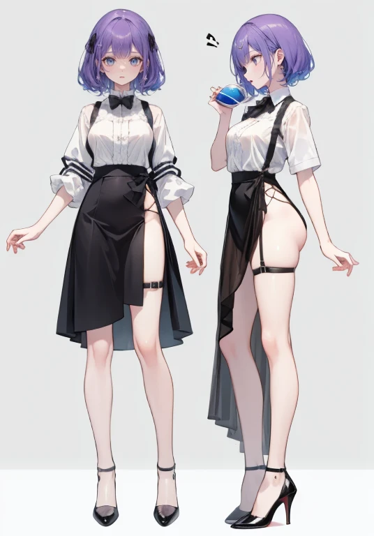 Purple Hair,Shortcuts,Adult female,(((bartender))),((Body Harness)),((Rolling up your sleevesＹshirt)),(corset),skirt,((garter belt)),High heels,((Simple Background)),smile,((Full Body)),((full body)),((whole body)),Character Sheet,