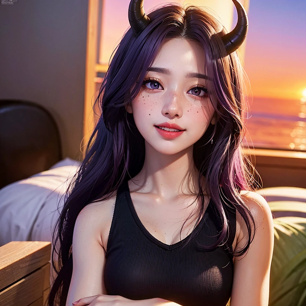 (8k, Raw photo, best quality, masterpiece), ultra high resolution, (realistic, photorealistic), 1 girl, 18 years old, emotionless, only, long purple hair tied, Blue eyes, black horns, Waifu. Big  ((95C)) very thin and perfect body

Professional lighting, Detailed lighting, backlighting, depth of field, Natural lighting, intense concentration, selfie, Detailed eyes, realistic eyes, detailed shadow.

In casual, smiles at the camera, lying on her bed