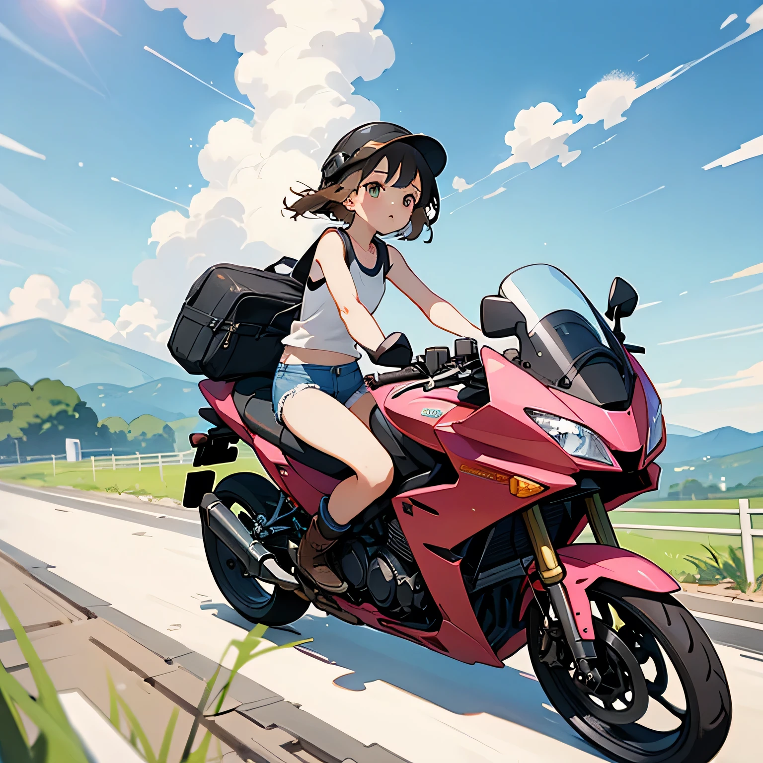 Highest quality、A girl is riding a motorbike、Dark brown short cut、He is wearing a jet helmet with white and black lines running down the center of the helmet from front to back.、White tank top、Pink riders jacket、Denim shorts、White knee-high socks、Brown work boots、Japanese countryside scenery、Road beside the stream、Small creek、Dirt Road、Weeds grow along the side of the road、Blue sky、White clouds floating、Early summer sky、