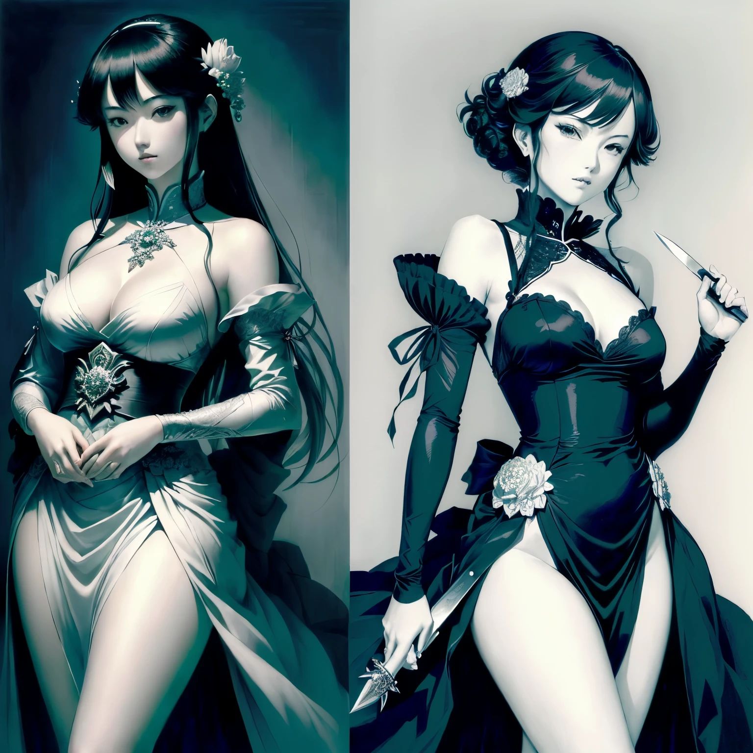Drawing of a woman in a dress with a knife, Fubuki, pencil and , inspired by Kusumi Morikage, Inspired by Amano inspired by Okumura Masanobu, With index finger, kentaro miura art