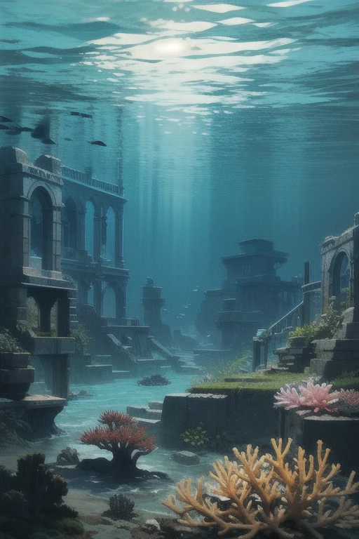 Overgrown sea life, sunken Atlantis ruins, seaweed, fish, coral, sjarks, sea creatures,