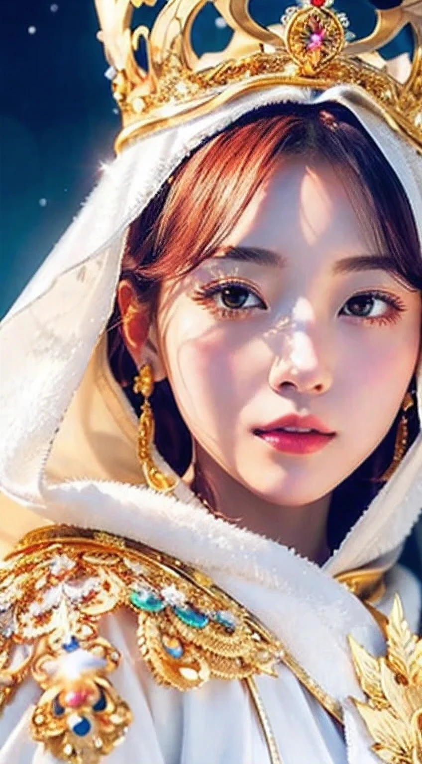 Anime Princess Style,face is a fair and (cool), all picture quality , mystical ,delicate and precise ,detailed background ,colorful picture ,high quality, luxury,Upper body,Hair color white,Golden Crown, gorgeous intricately detailed dress, golden ornaments, white cloak,