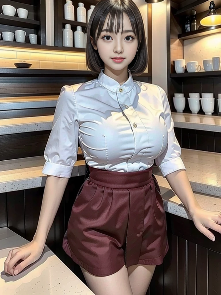 (highest quality),(8K),(masterpiece),(high resolution),Three Women,The background is a cafe,Cafe attendant costume,Larger breasts、Bob cut hair,Full Body Shot,Waitress Uniform