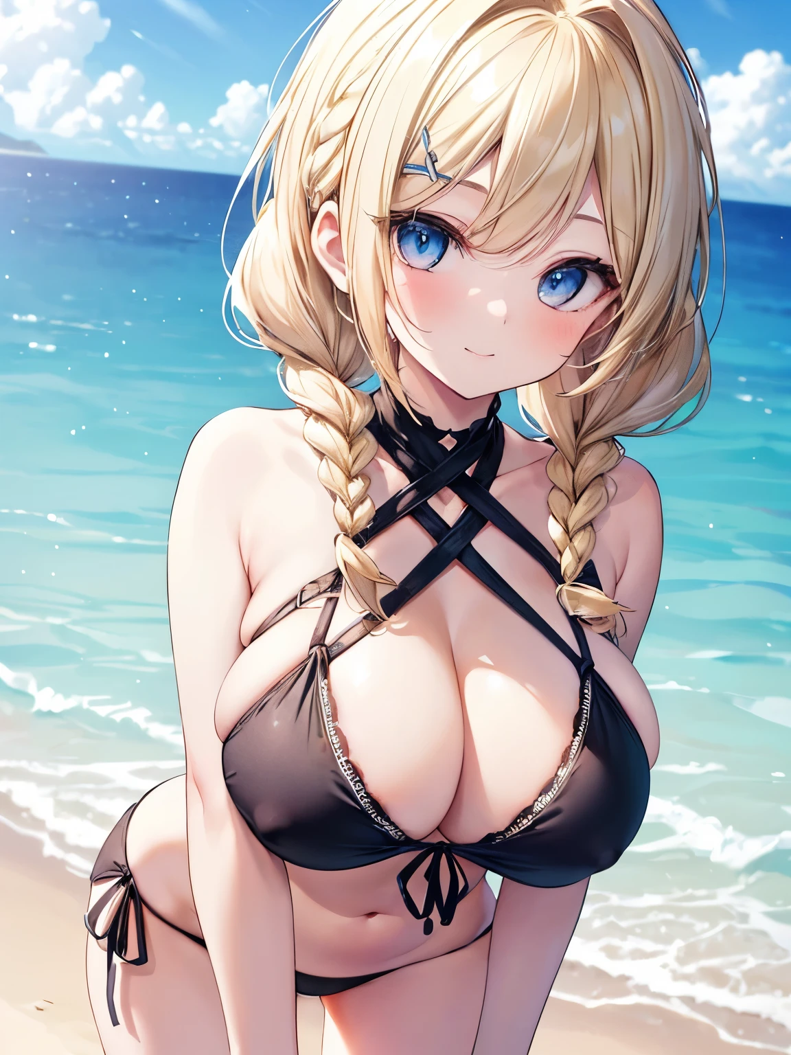 Masterpiece,Best Quality,(Super Detail),Perfect Lighting, Highly detailed CG,Super detailed,(Highly detailed eyes,Very cute face,Highly detailed face:1.3),Beautiful Anime Girl,(Solo Girl),(Super huge ?????:1.4),(Sensual,Glamorous:1.4),(Blonde,Medium Hair,Twin braids,Let your hair hang forward:1.5),(Big light blue eyes),(Very happy smile,Open your mouth wide),break,(Black and white layered bandeau ??????),Sandy Beach,Summer sunshine,Horizon lines seen in the distance,Cloudless blue sky,Cowboy Shot