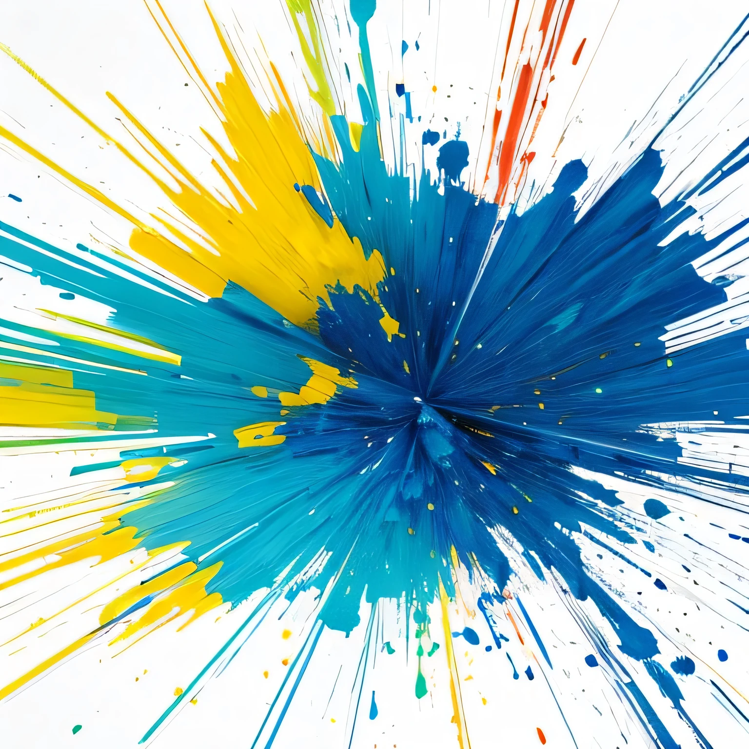 Only one blue and yellow paint exploding and spreading, white background