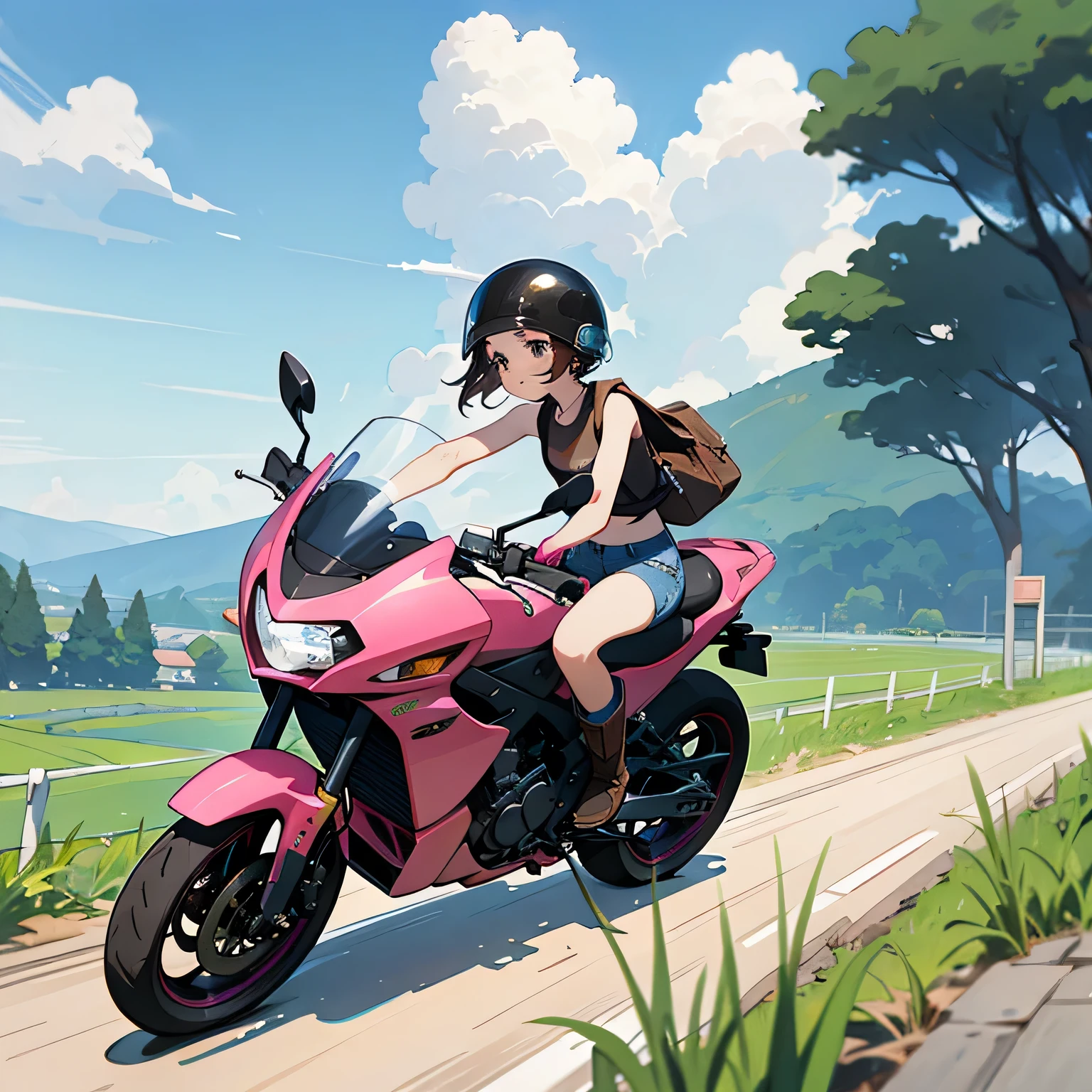 Highest quality、A girl is riding a motorbike、Dark brown short cut、He is wearing a jet helmet with white and black lines running down the center of the helmet from front to back.、White tank top、Pink riders jacket、Denim shorts、White knee-high socks、Brown work boots、Japanese countryside scenery、Road beside the stream、Small creek、Dirt Road、Weeds grow along the side of the road、Blue sky、White clouds floating、Early summer sky、