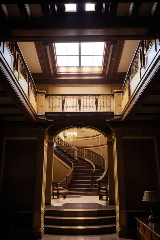 General view of a large building with stairs and a staircase leading to the second floor,Underground luxury hotel castle, Real Photo,attic,,You can see from the 3rd floor above ground to the 2nd floor below ground.,Sectional view,Split Lighting,Many stairs,Lots of doors,100 people can live,Complex structure