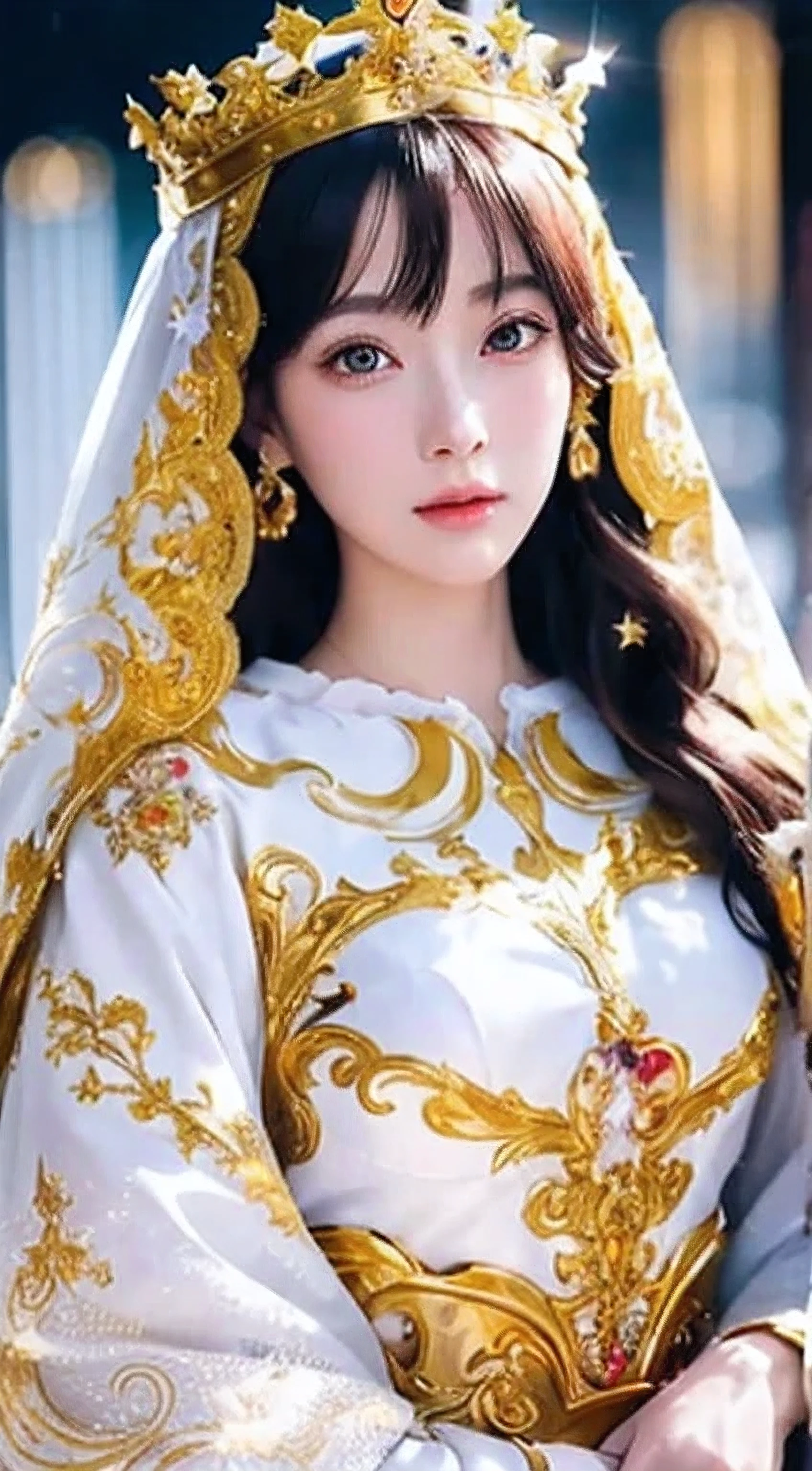 Anime Princess Style,face is a fair and (cool), all picture quality , mystical ,delicate and precise ,detailed background ,colorful picture ,high quality, luxury,Upper body,Hair color white,Golden Crown, gorgeous intricately detailed dress, golden ornaments, white cloak,
