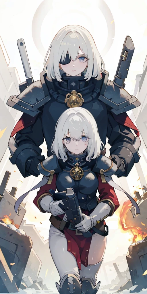 (masterpiece:1.2), (best quality:1.2), perfect eyes, perfect face, perfect lighting, 1girl, mature whsororitas with a laser rifle in her hands, scar over one eye, eyepatch, red tabard, white hair, warhammer 40k, chaos, fire, scifi, detailed ruined city background, power armor